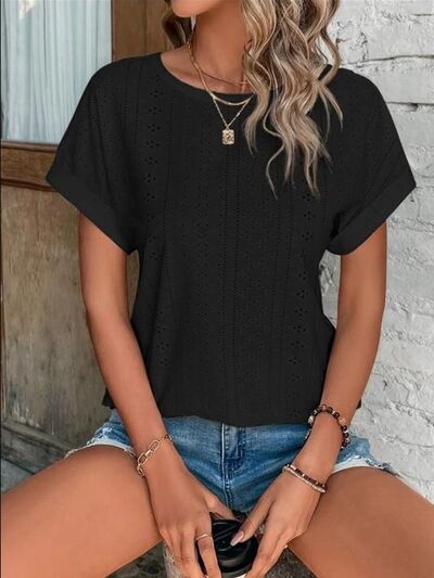 Eyelet Round Neck Short Sleeve T-Shirt - Image 6