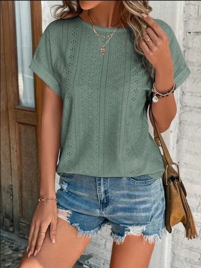 Eyelet Round Neck Short Sleeve T-Shirt - Image 8