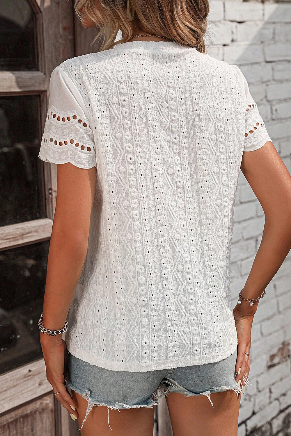 Eyelet Round Neck Short Sleeve Top - Image 2