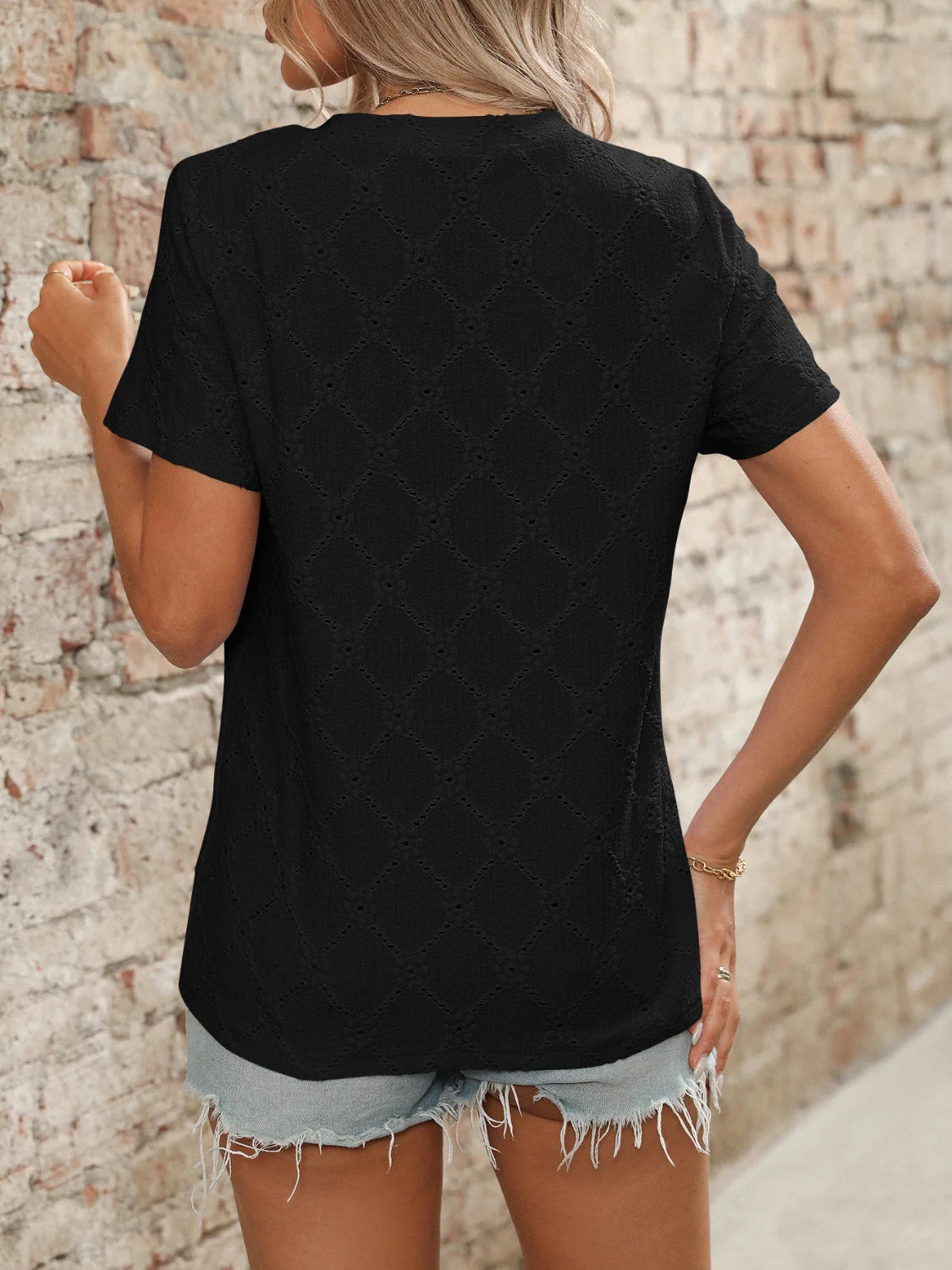 Eyelet Round Neck Short Sleeve Top - Image 10