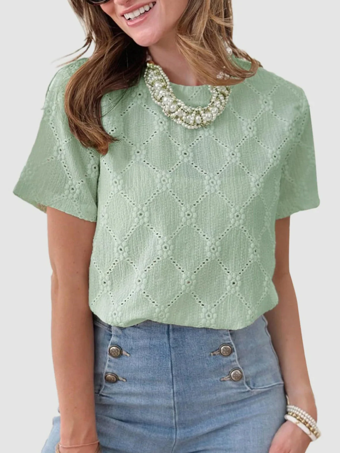 Eyelet Round Neck Short Sleeve Top - Image 11