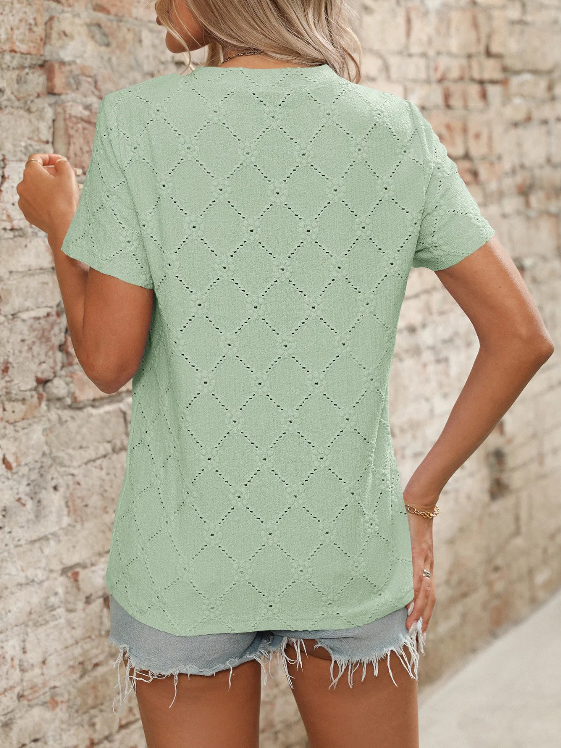 Eyelet Round Neck Short Sleeve Top - Image 14