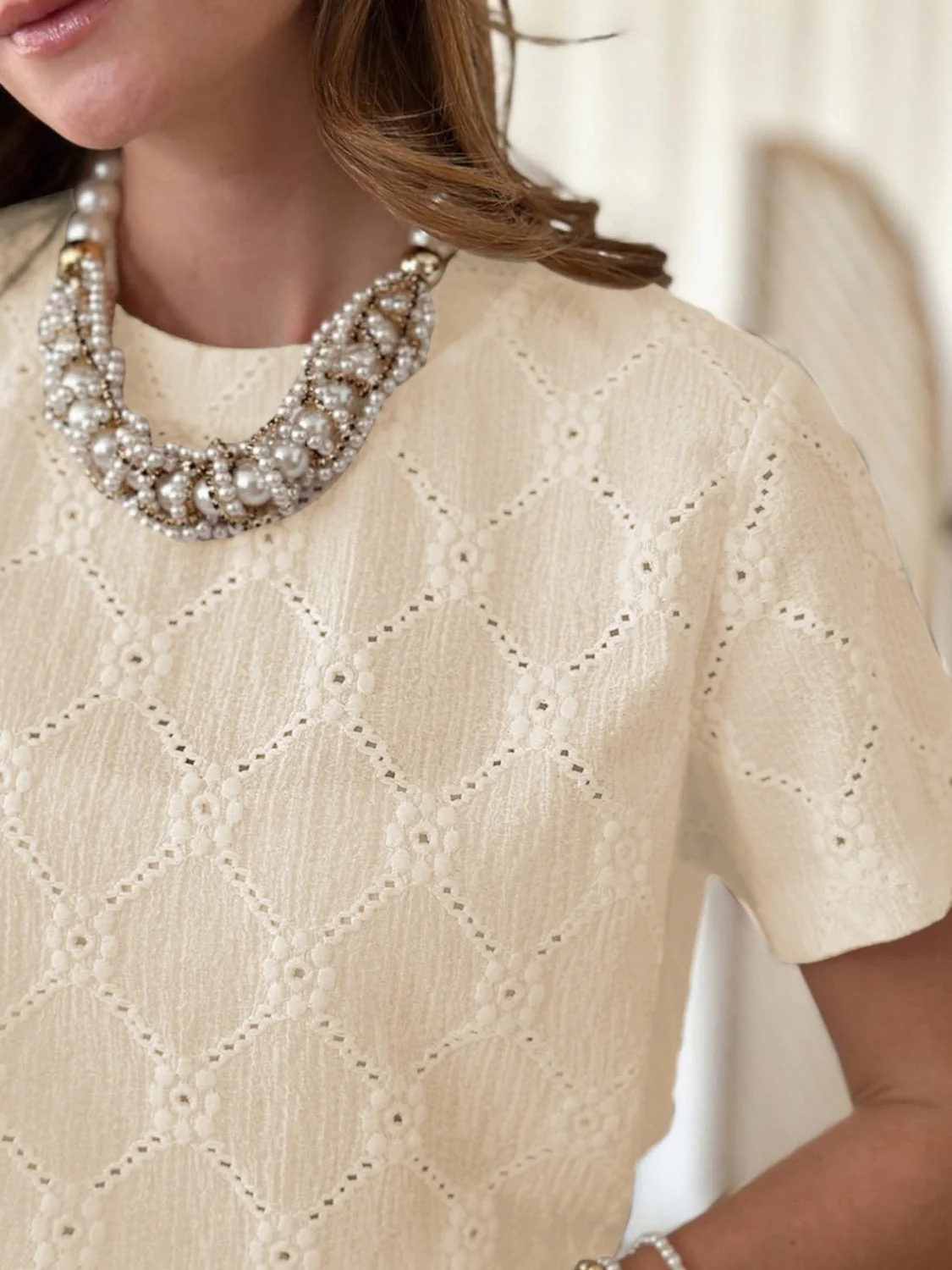 Eyelet Round Neck Short Sleeve Top - Image 17