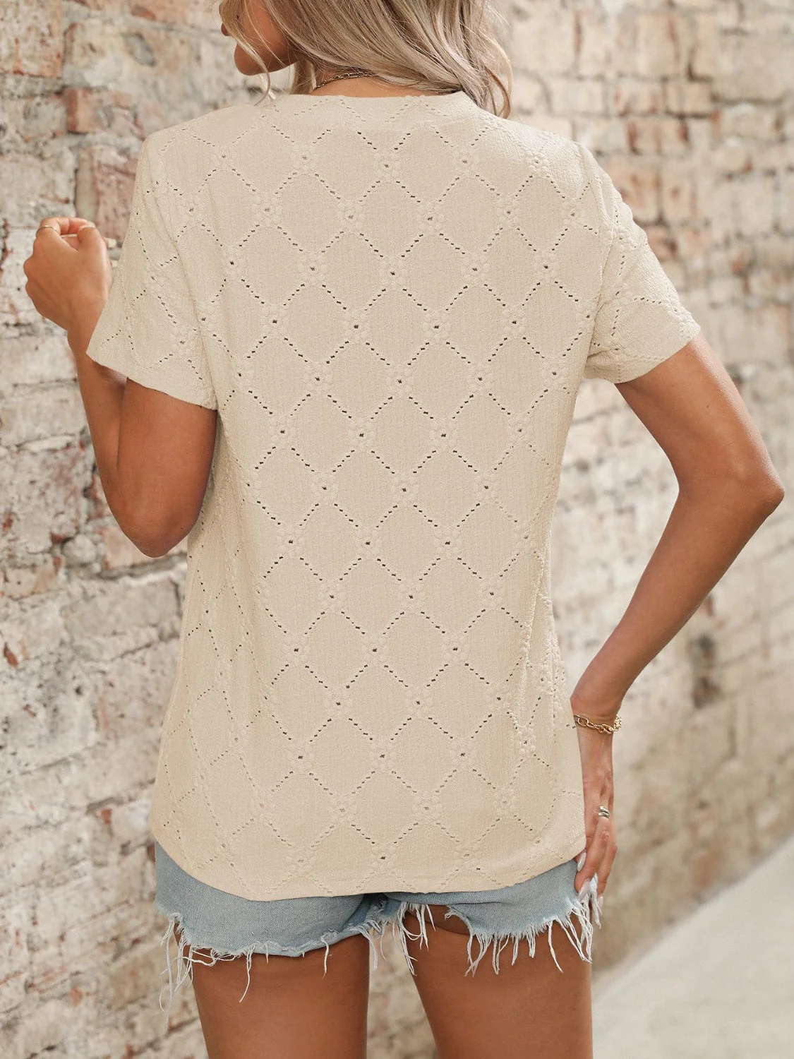 Eyelet Round Neck Short Sleeve Top - Image 19