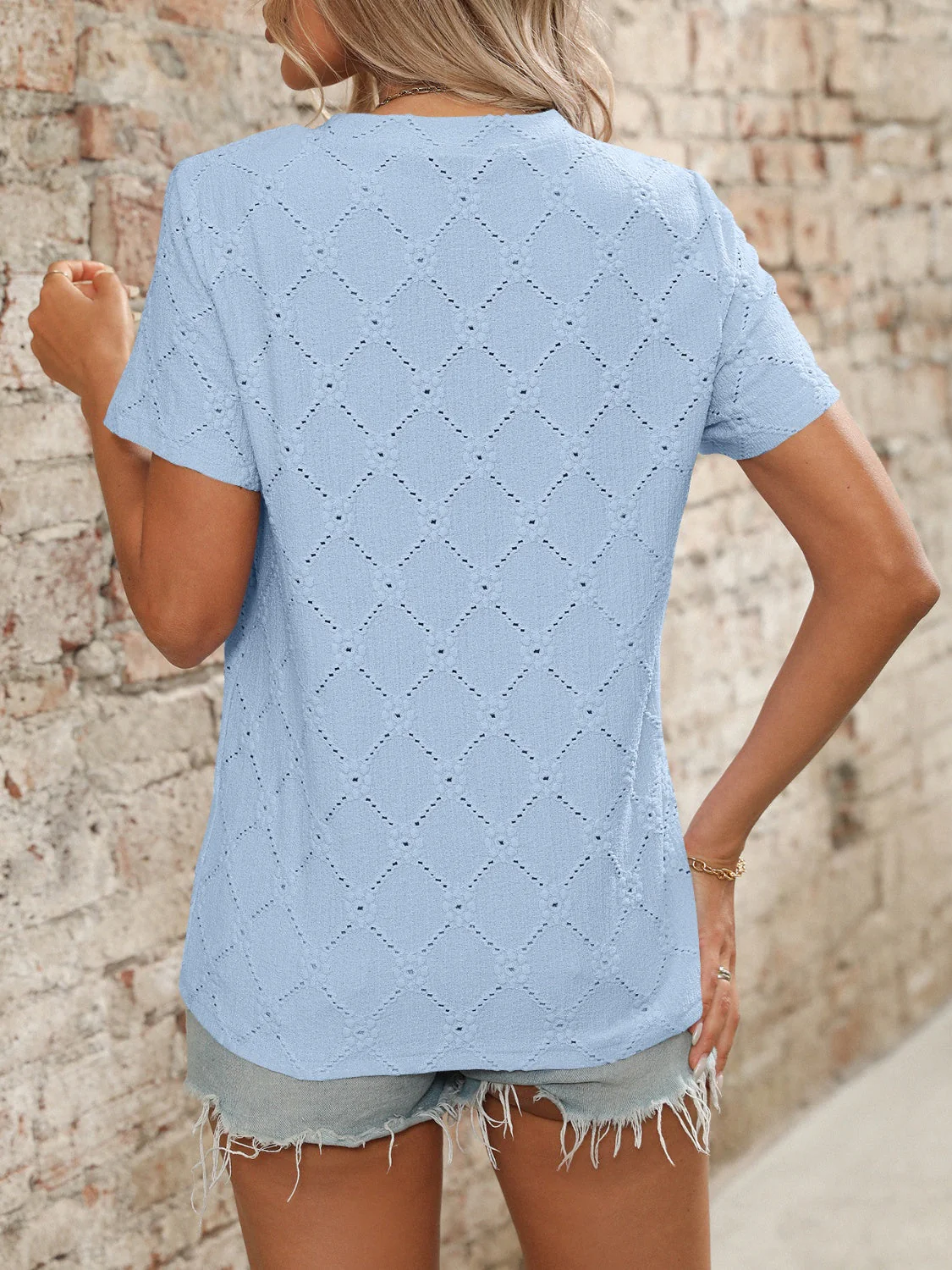Eyelet Round Neck Short Sleeve Top - Image 24