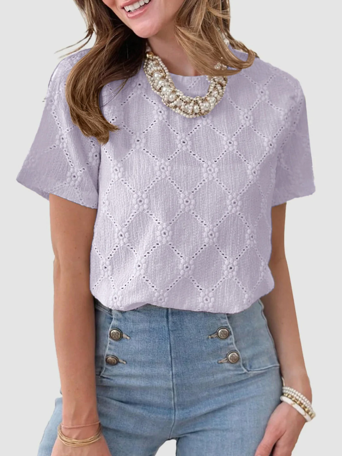 Eyelet Round Neck Short Sleeve Top - Image 5