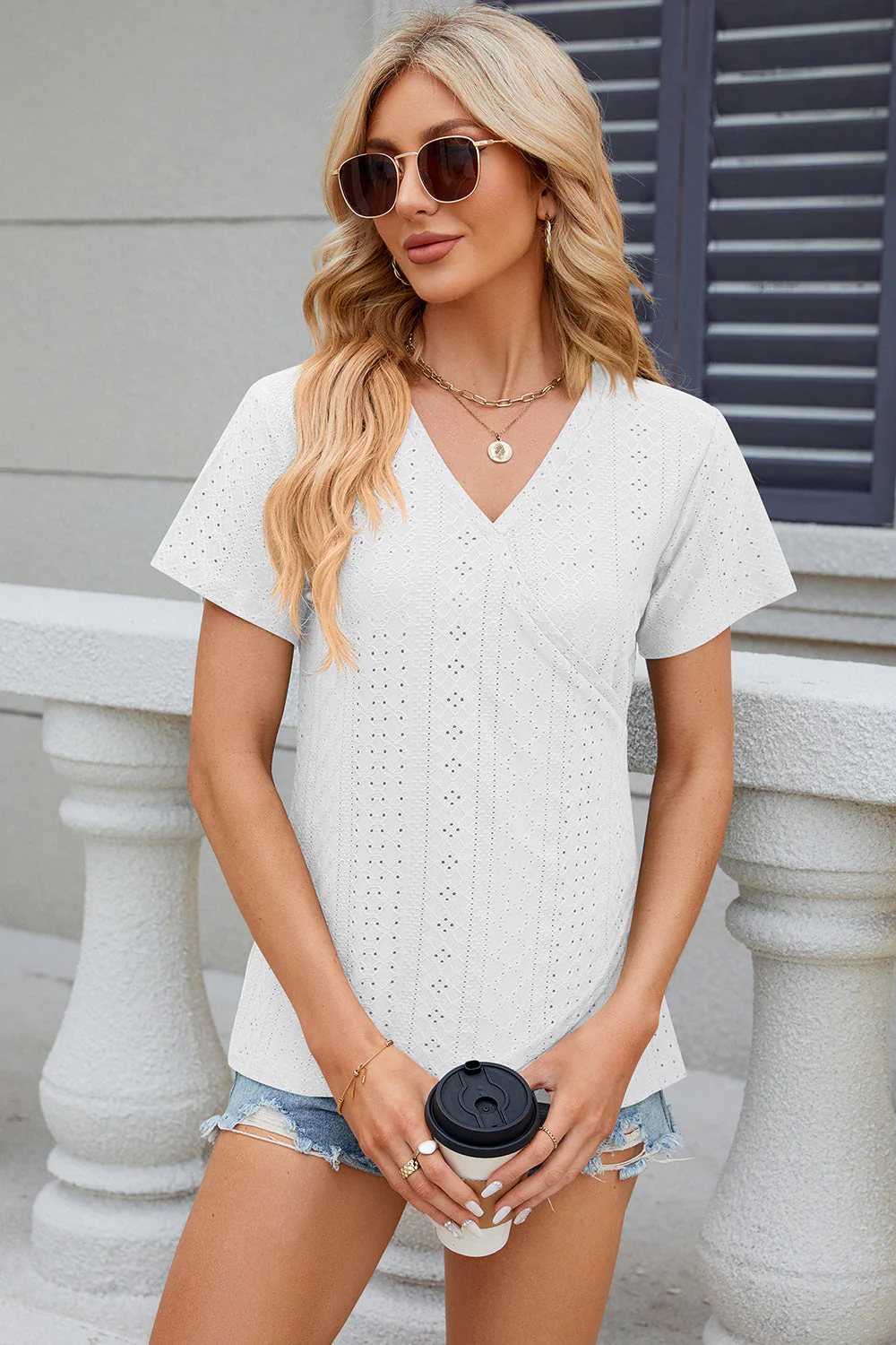 Eyelet Surplice Short Sleeve T-Shirt - Image 10