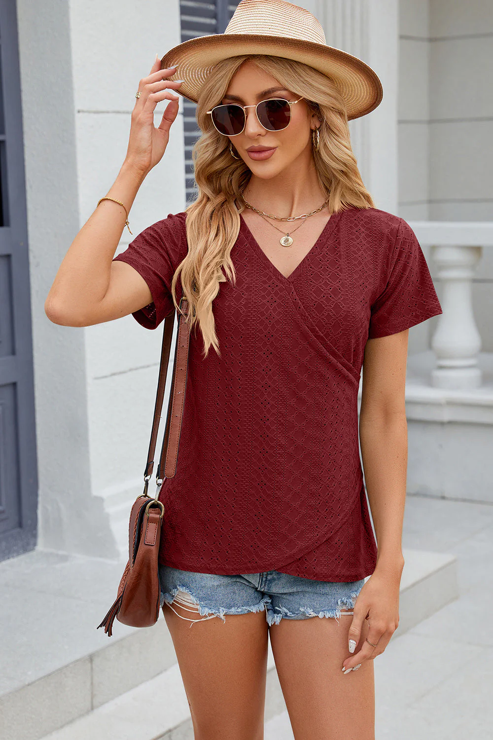 Eyelet Surplice Short Sleeve T-Shirt - Image 3