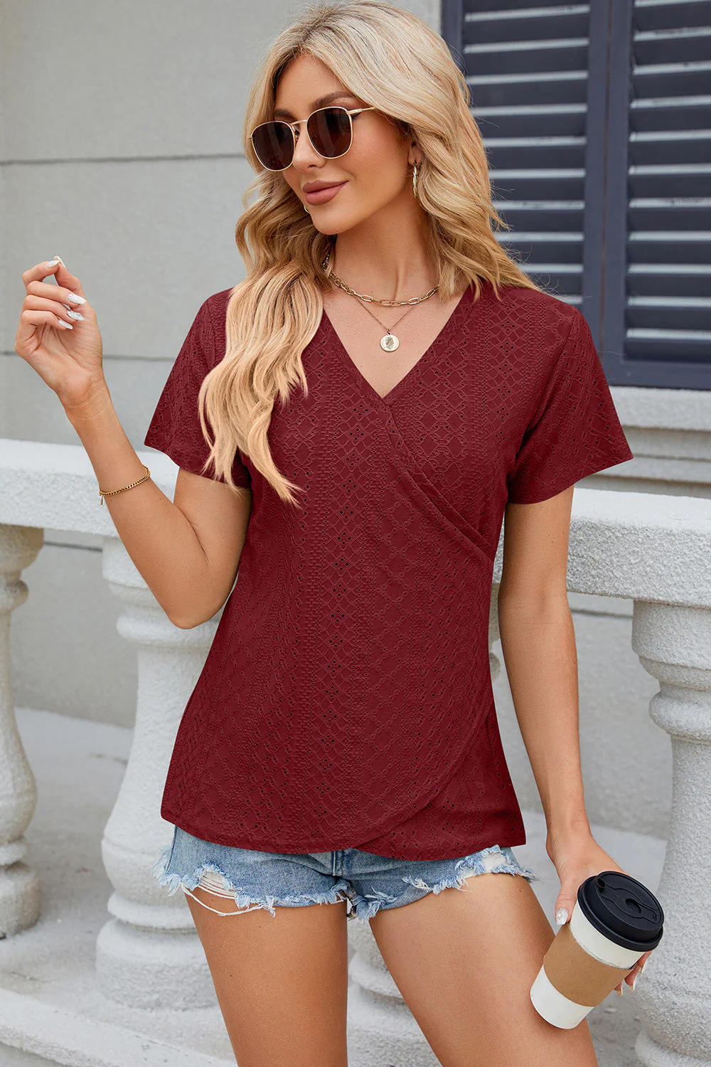 Eyelet Surplice Short Sleeve T-Shirt - Image 4