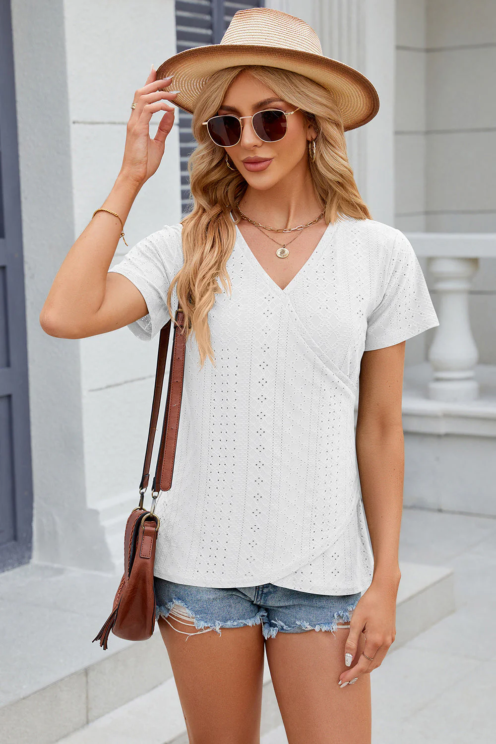 Eyelet Surplice Short Sleeve T-Shirt - Image 9