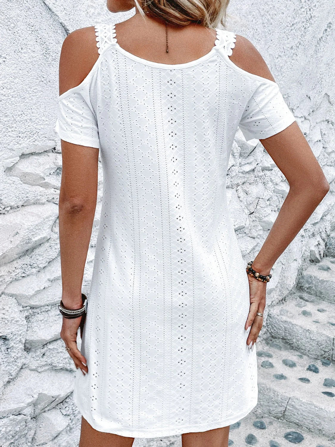 Eyelet V-Neck Cold Shoulder Mini Dress - Image 2