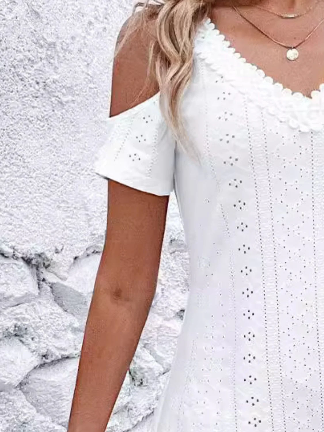 Eyelet V-Neck Cold Shoulder Mini Dress - Image 3