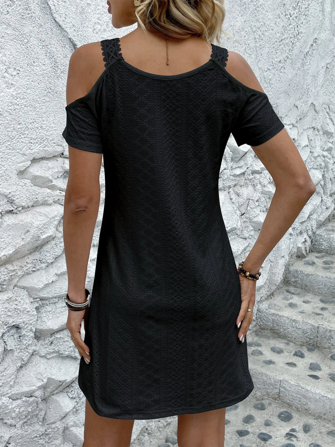 Eyelet V-Neck Cold Shoulder Mini Dress - Image 5