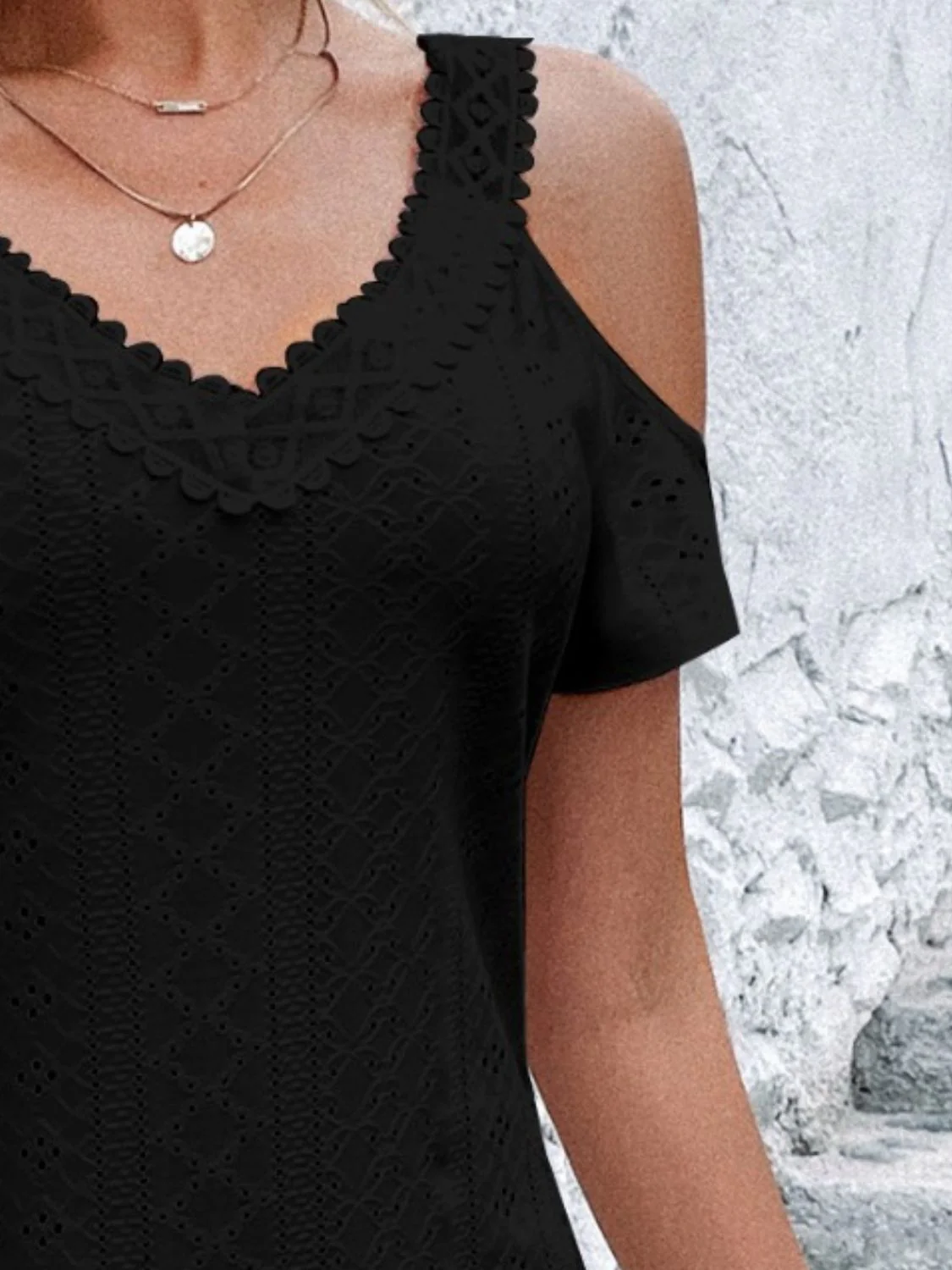 Eyelet V-Neck Cold Shoulder Mini Dress - Image 6