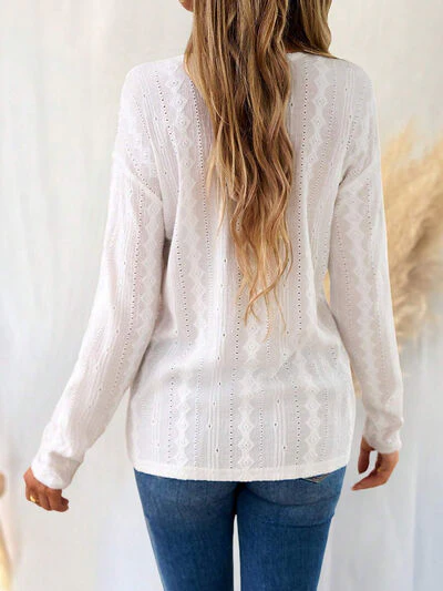 Eyelet V-Neck Dropped Shoulder T-Shirt - Image 2