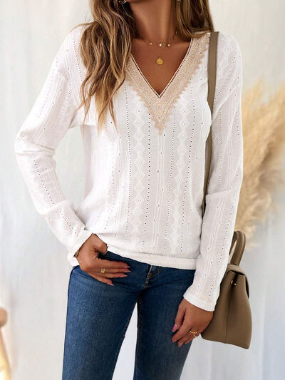 Eyelet V-Neck Dropped Shoulder T-Shirt - Image 3