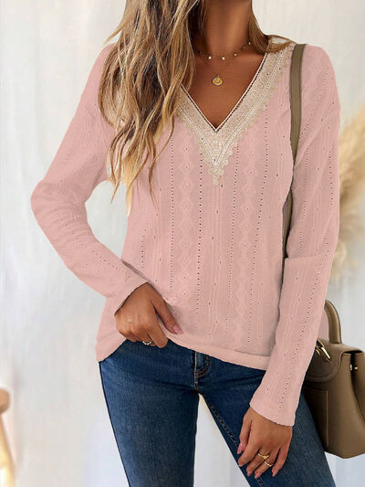 Eyelet V-Neck Dropped Shoulder T-Shirt - Image 6