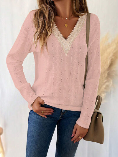 Eyelet V-Neck Dropped Shoulder T-Shirt - Image 8