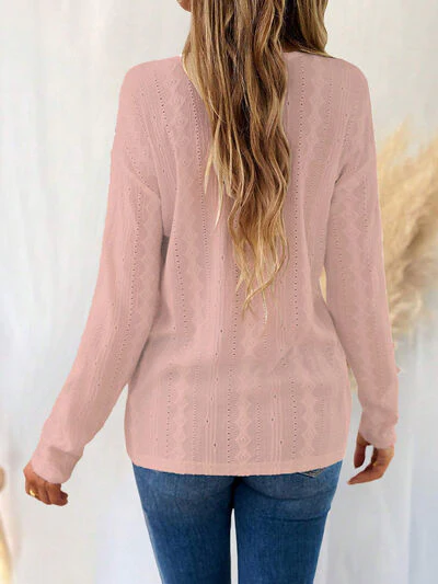 Eyelet V-Neck Dropped Shoulder T-Shirt - Image 9