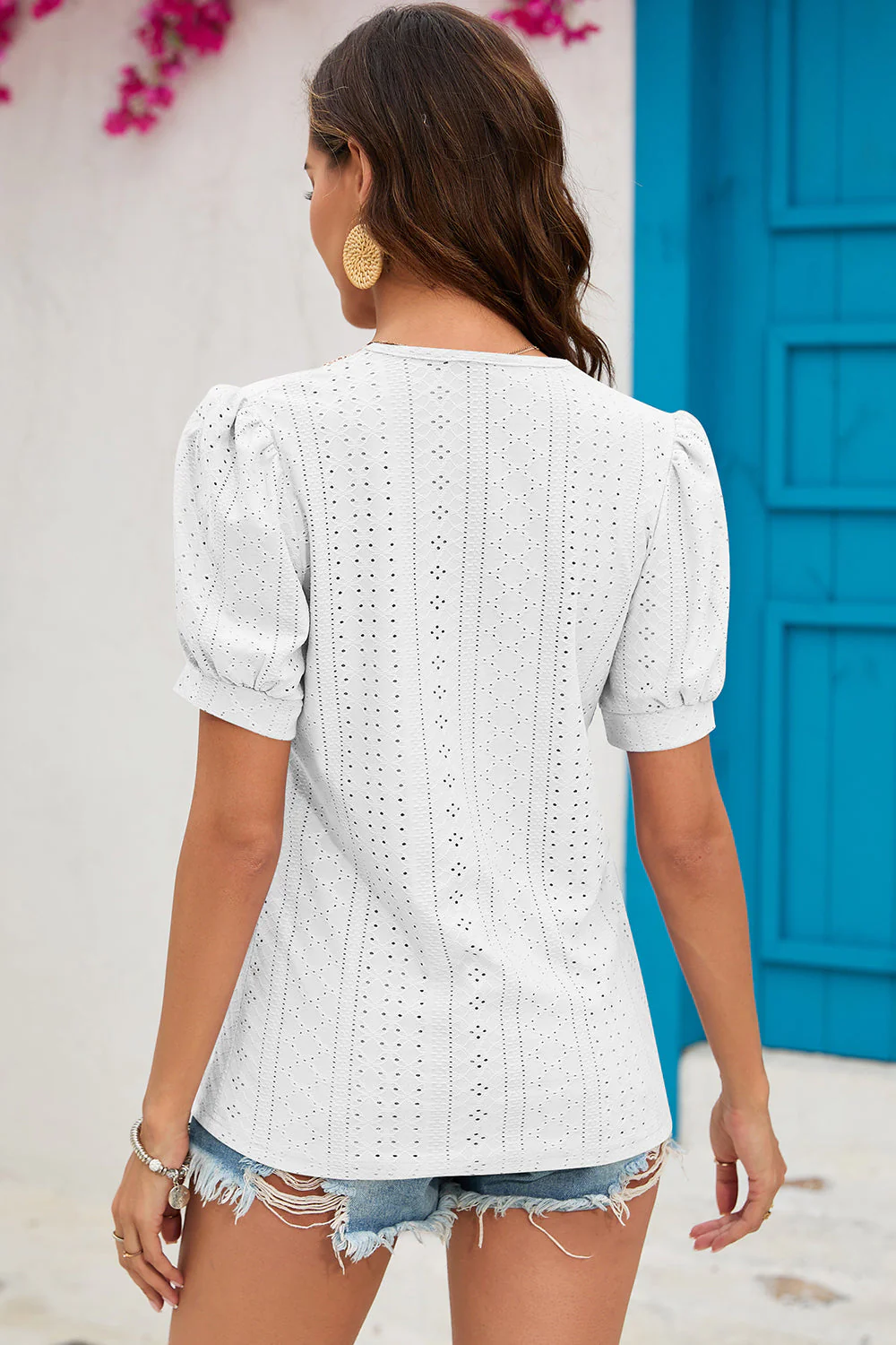Eyelet V-Neck Short Sleeve T-Shirt - Image 10