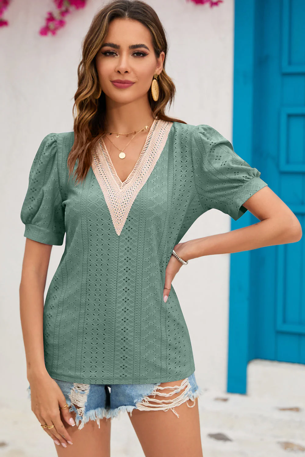 Eyelet V-Neck Short Sleeve T-Shirt - Image 12