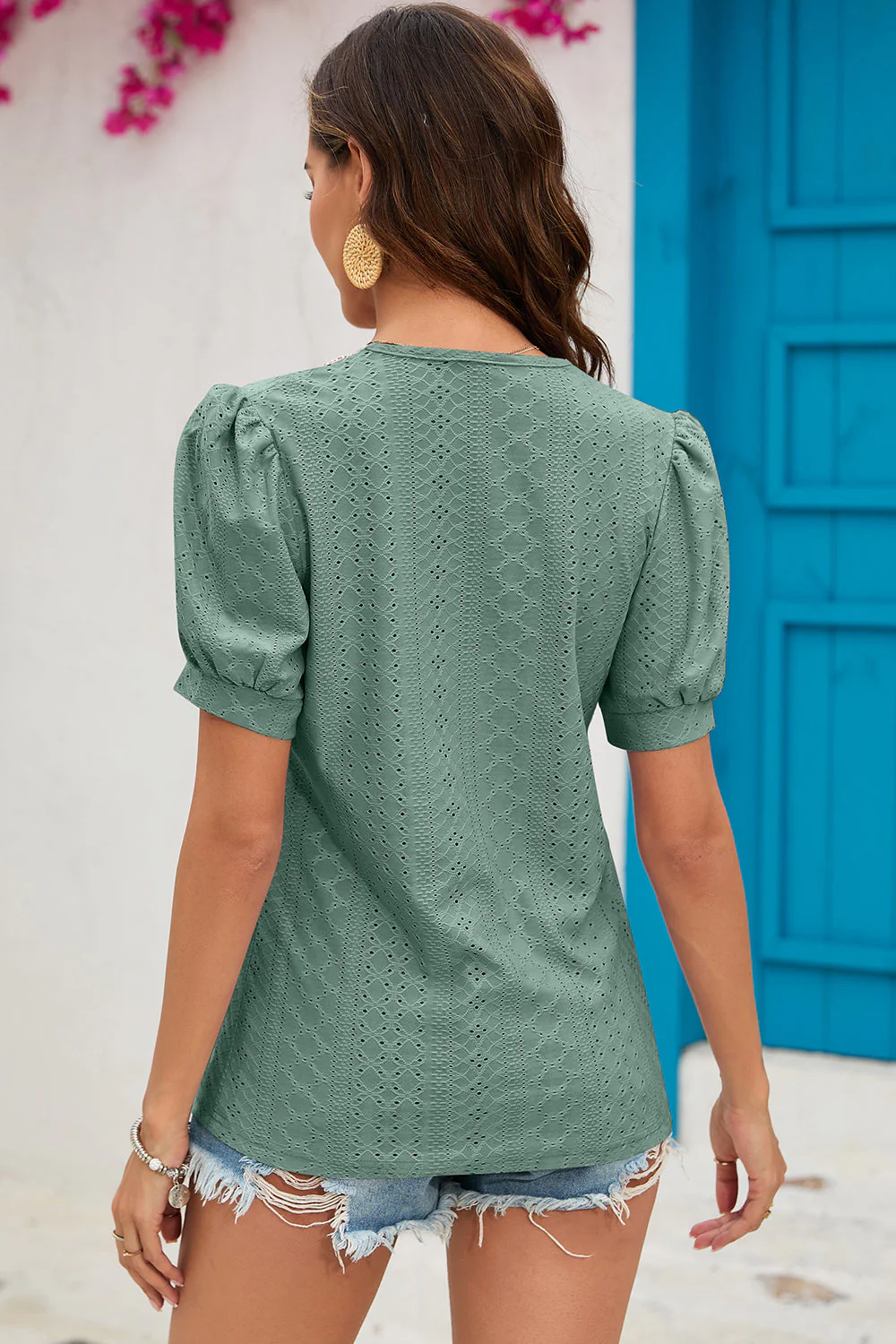 Eyelet V-Neck Short Sleeve T-Shirt - Image 14