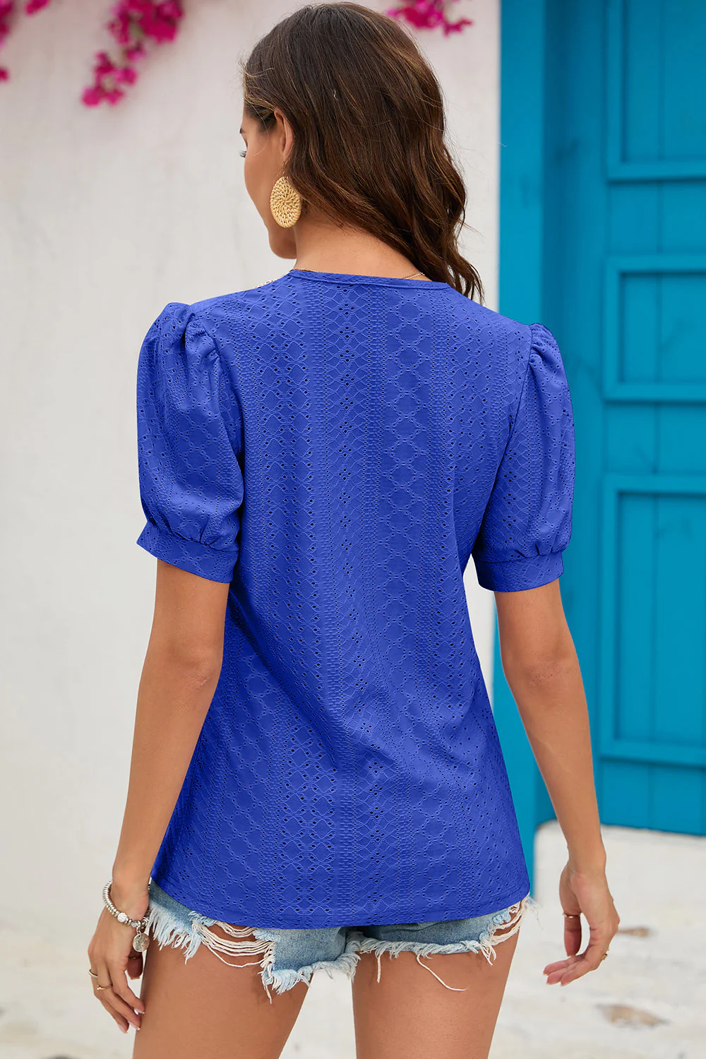 Eyelet V-Neck Short Sleeve T-Shirt - Image 17