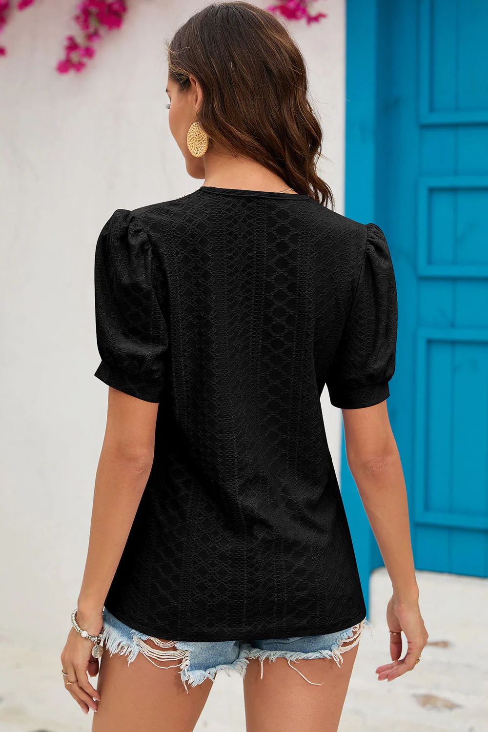 Eyelet V-Neck Short Sleeve T-Shirt - Image 2