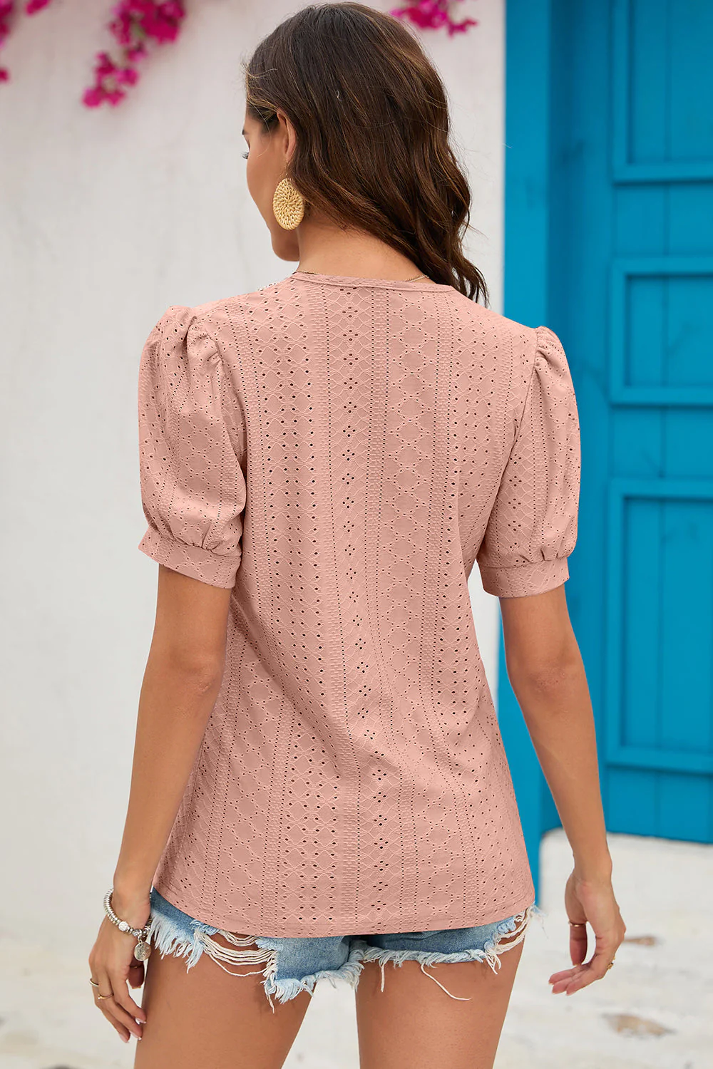 Eyelet V-Neck Short Sleeve T-Shirt - Image 6
