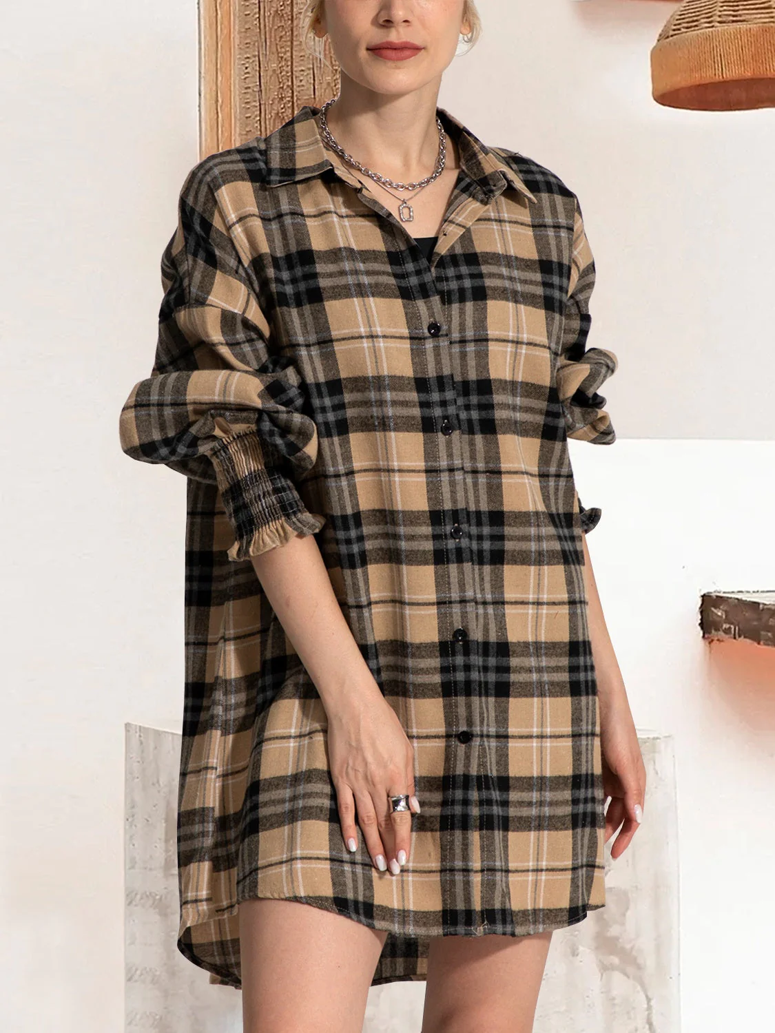 FAM-FAM Button Up Plaid Long Sleeve Shirt Dress - Image 4