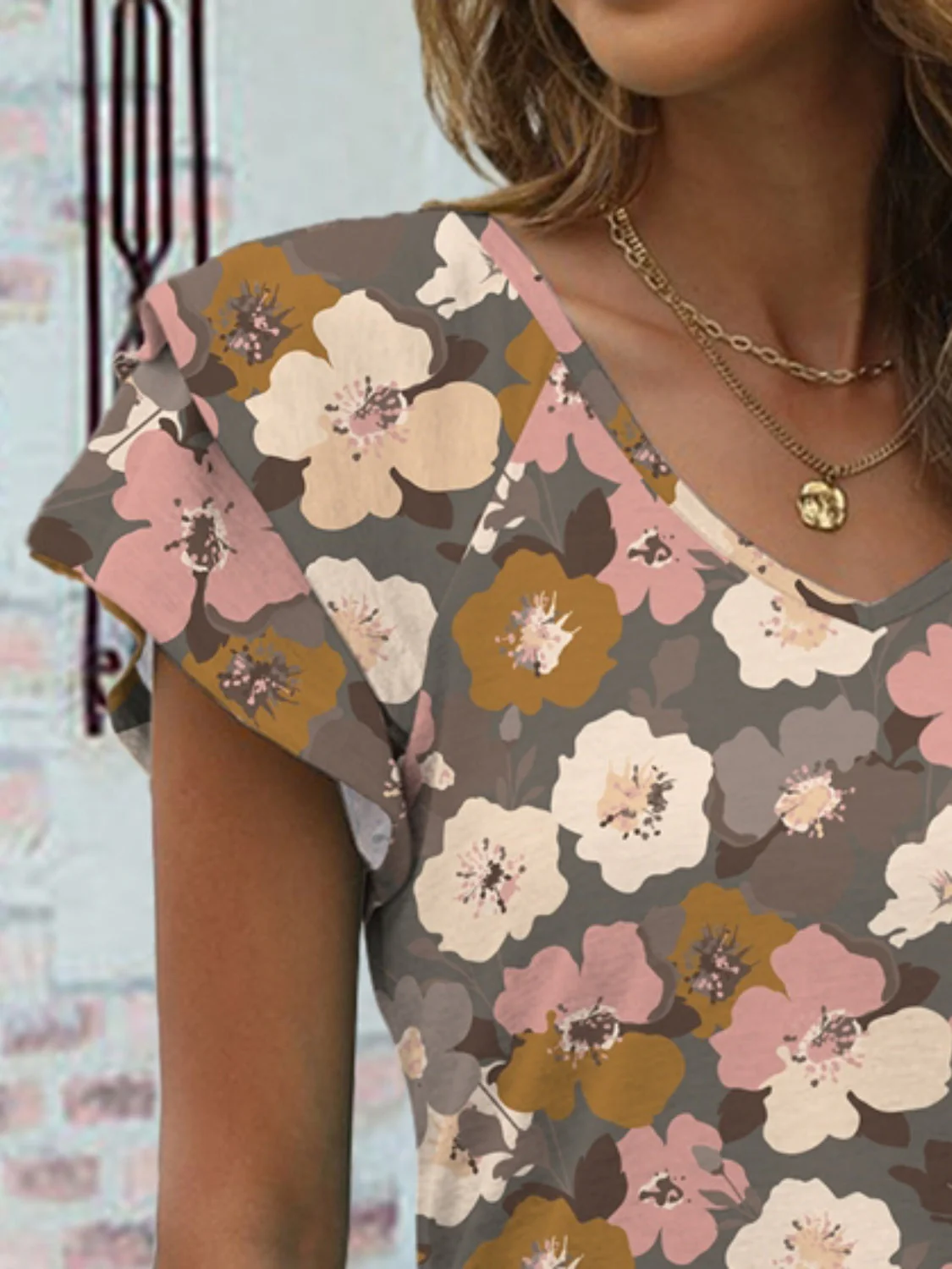 FAM-FAM Floral V-Neck Cap Sleeve T-Shirt - Image 3