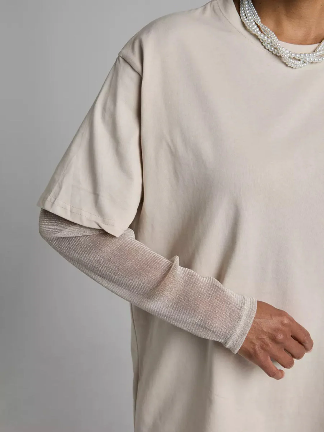 Faux Layered Round Neck Mesh Sleeve Top - Image 10