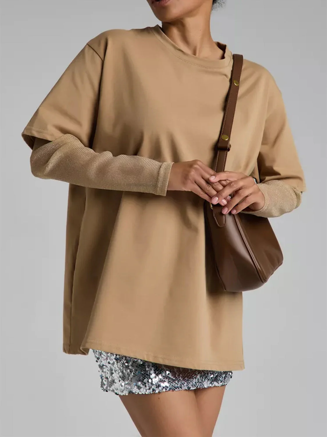 Faux Layered Round Neck Mesh Sleeve Top - Image 11