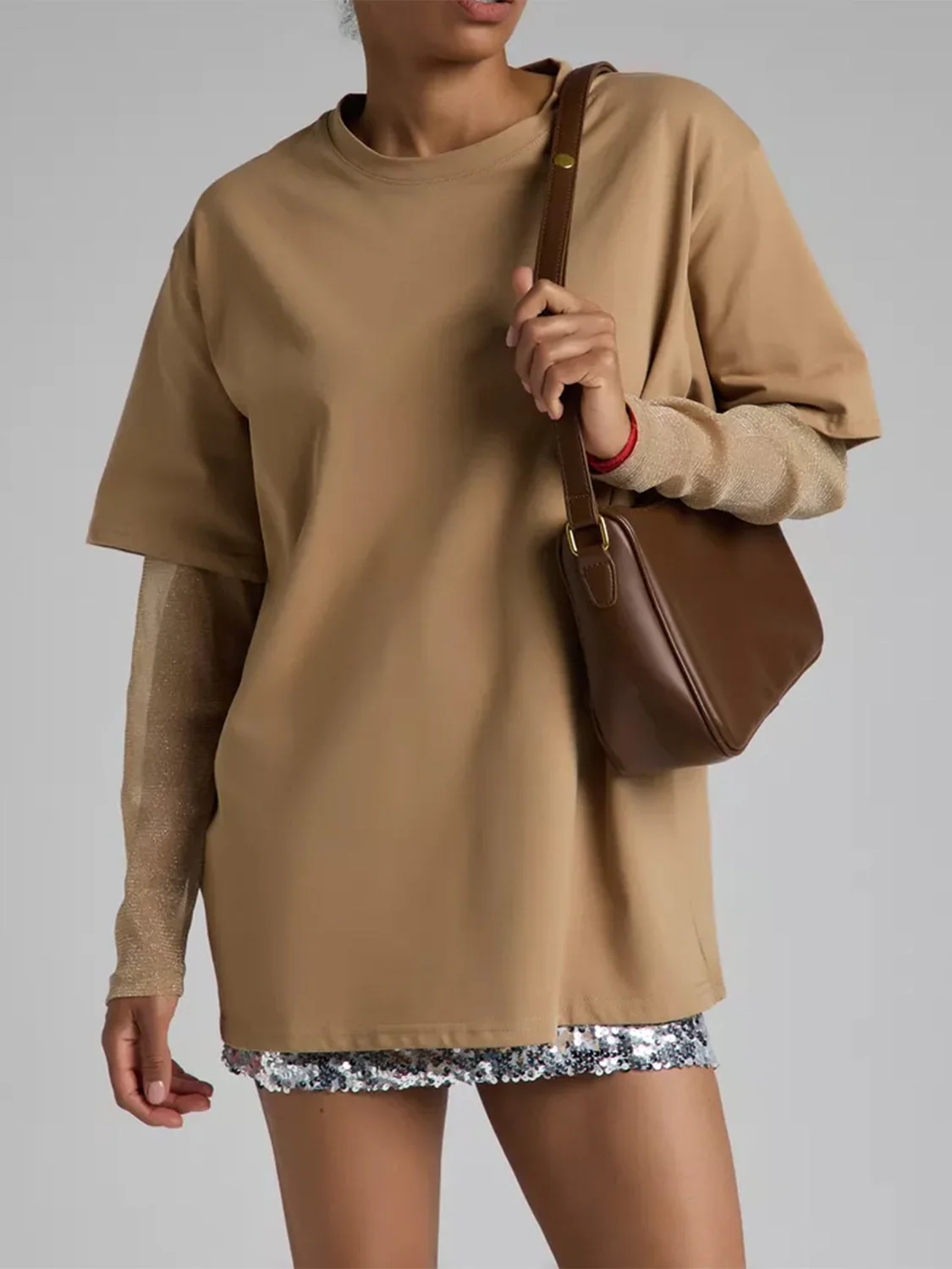 Faux Layered Round Neck Mesh Sleeve Top - Image 12