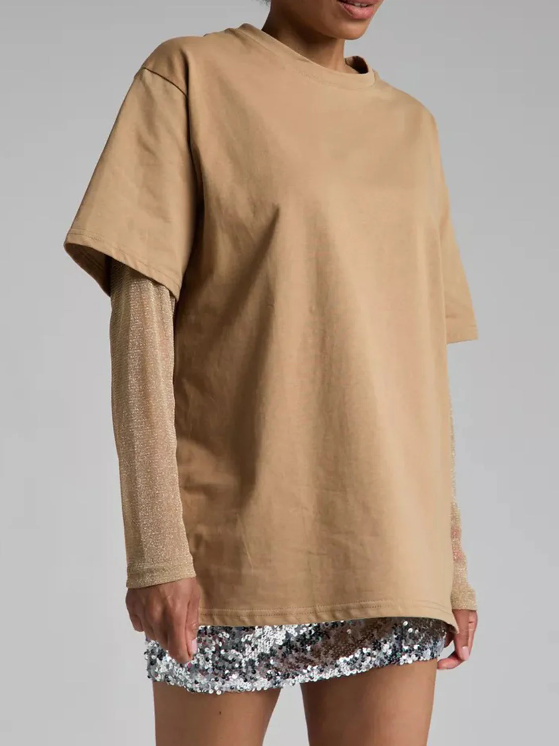 Faux Layered Round Neck Mesh Sleeve Top - Image 13