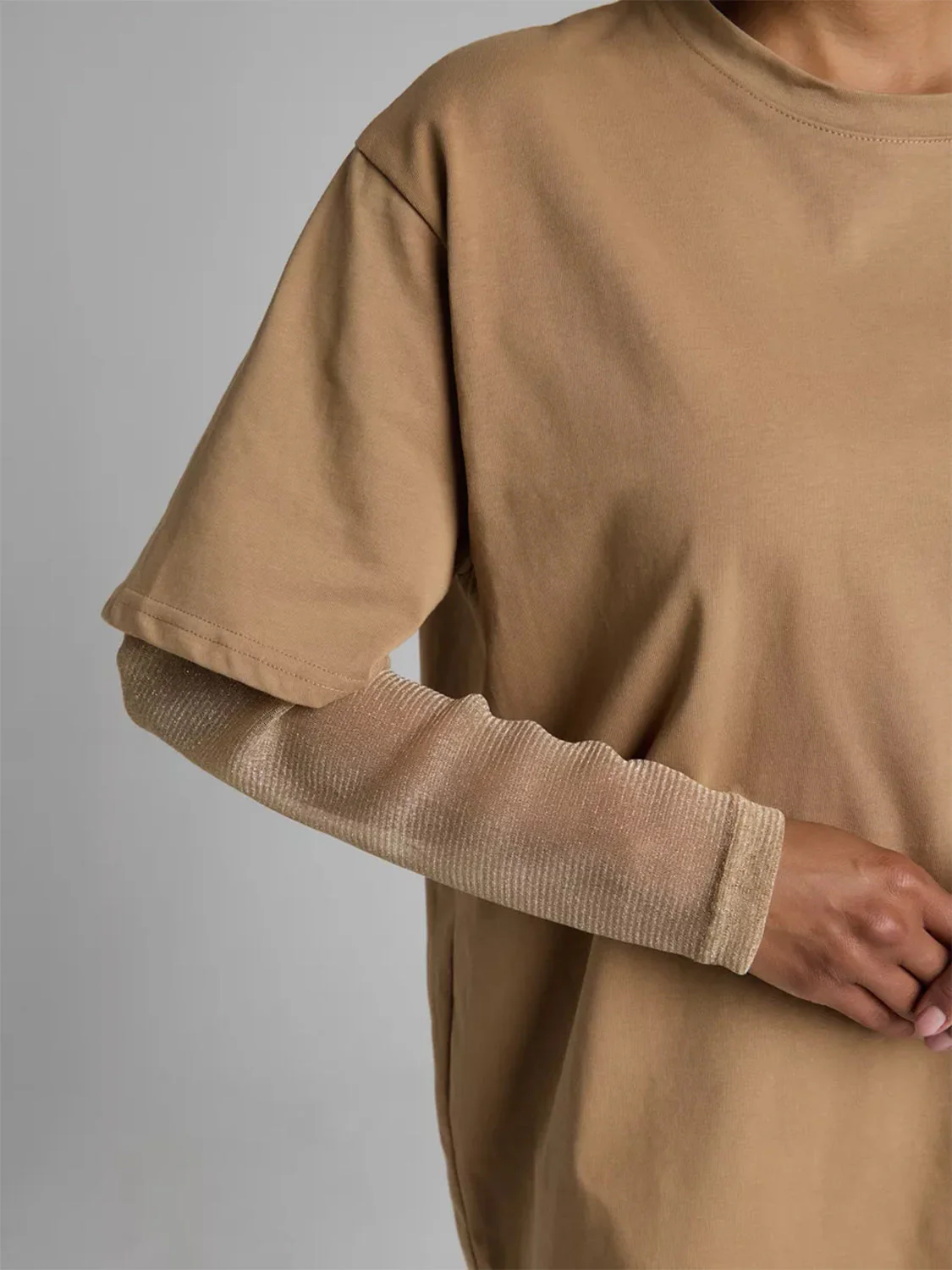 Faux Layered Round Neck Mesh Sleeve Top - Image 14