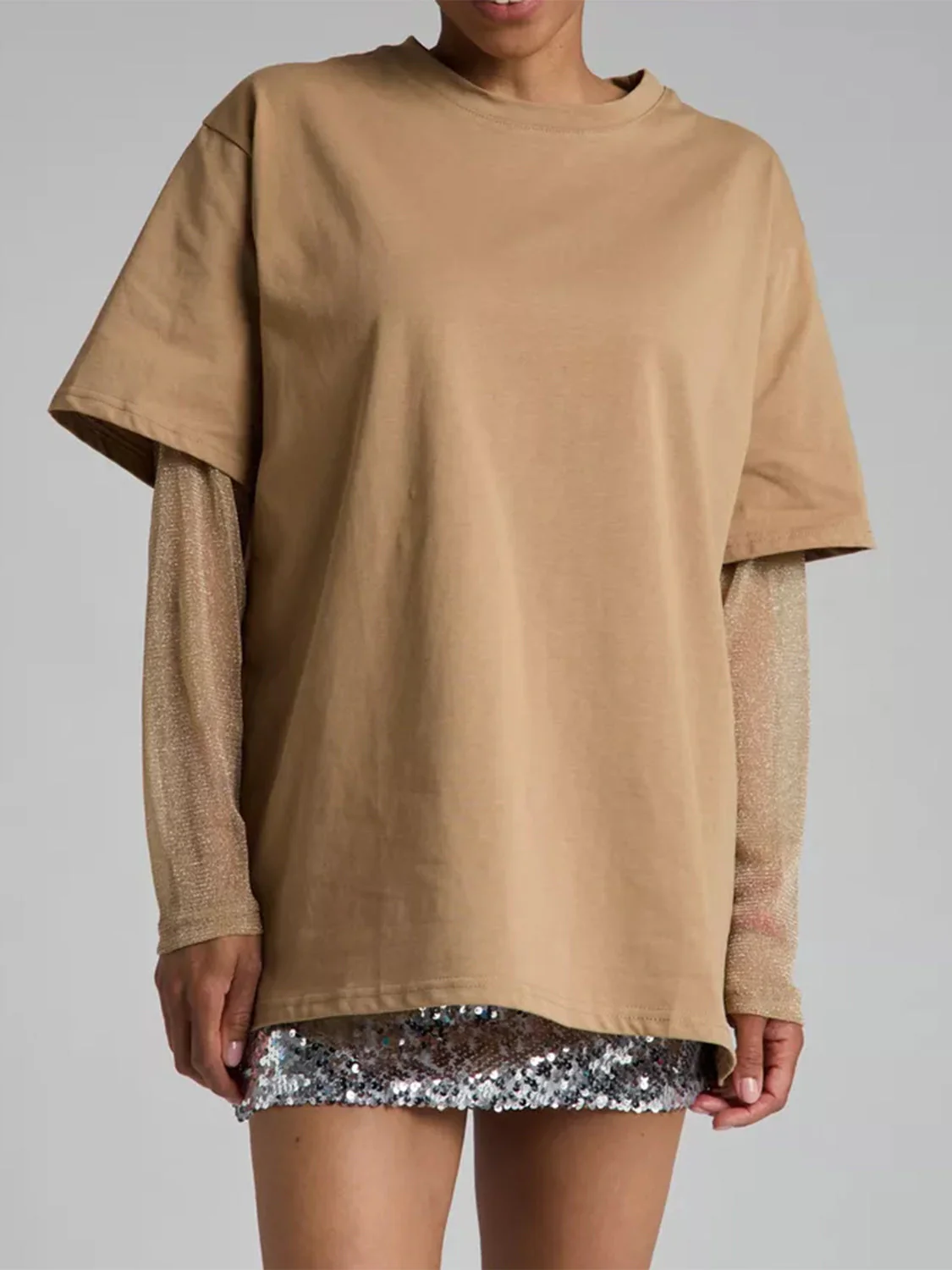 Faux Layered Round Neck Mesh Sleeve Top - Image 15