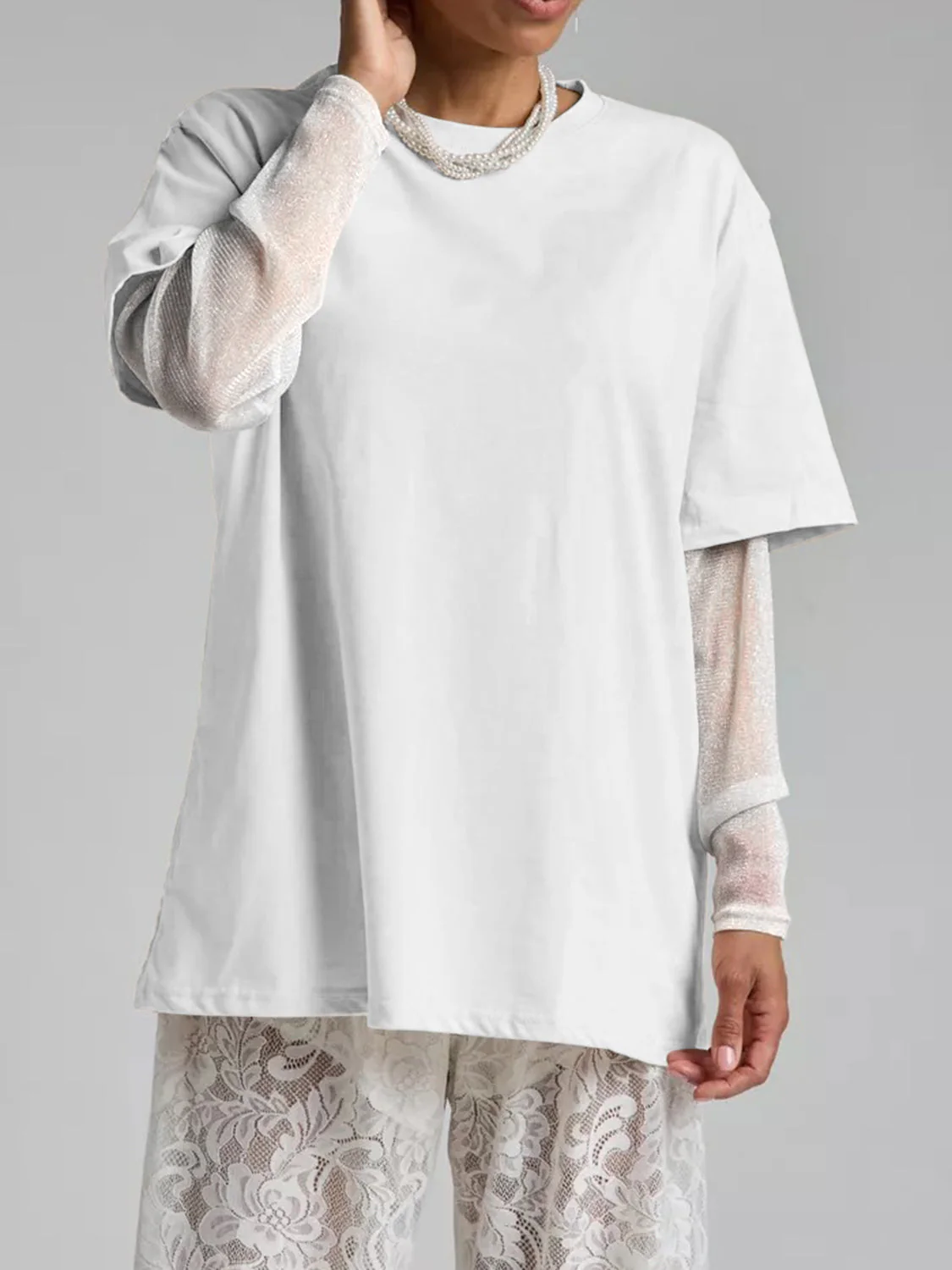 Faux Layered Round Neck Mesh Sleeve Top - Image 16