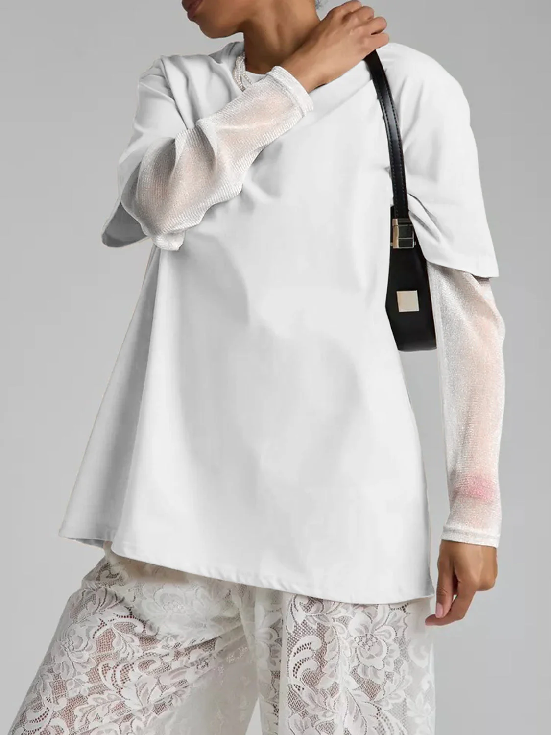 Faux Layered Round Neck Mesh Sleeve Top - Image 17