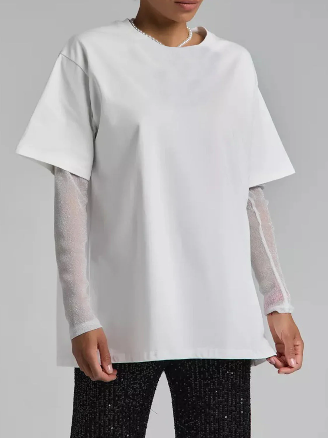Faux Layered Round Neck Mesh Sleeve Top - Image 18