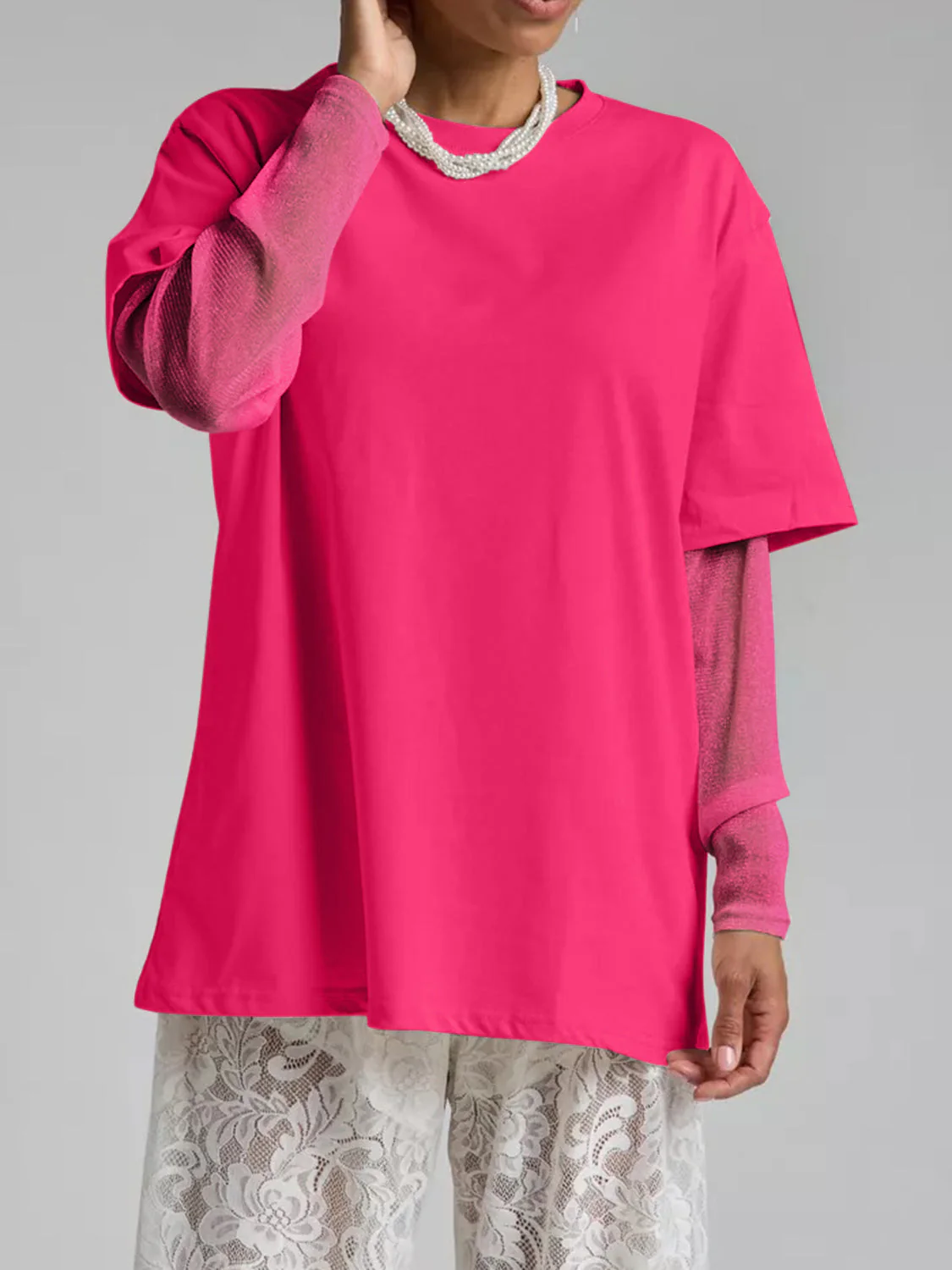 Faux Layered Round Neck Mesh Sleeve Top - Image 19