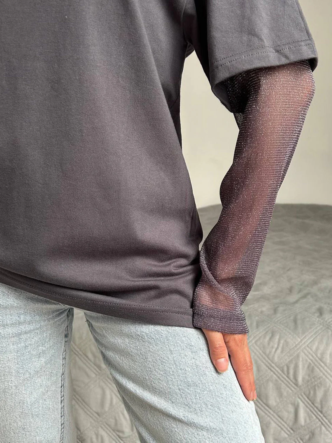 Faux Layered Round Neck Mesh Sleeve Top - Image 2