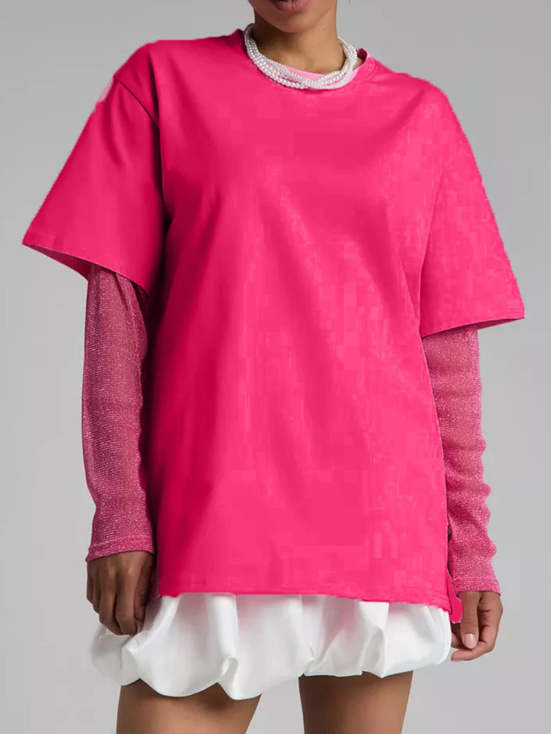 Faux Layered Round Neck Mesh Sleeve Top - Image 20