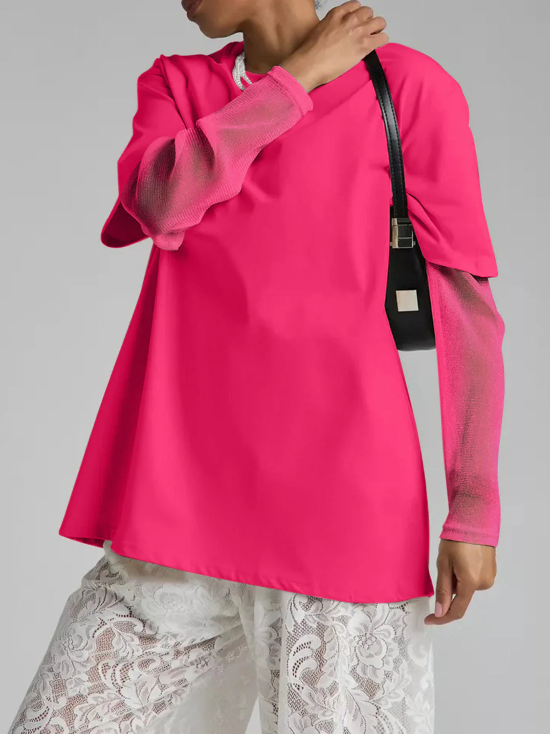 Faux Layered Round Neck Mesh Sleeve Top - Image 21