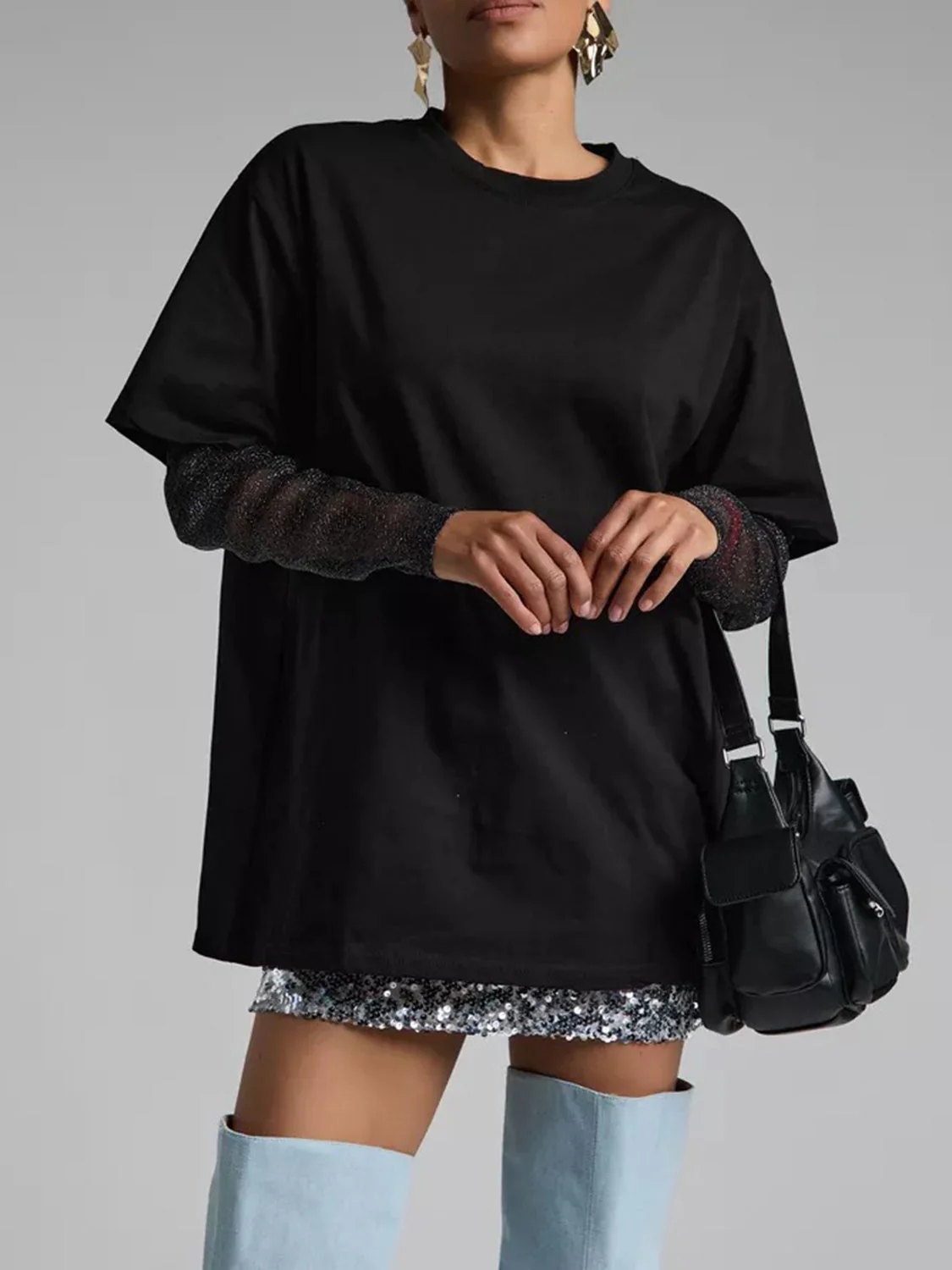 Faux Layered Round Neck Mesh Sleeve Top - Image 22