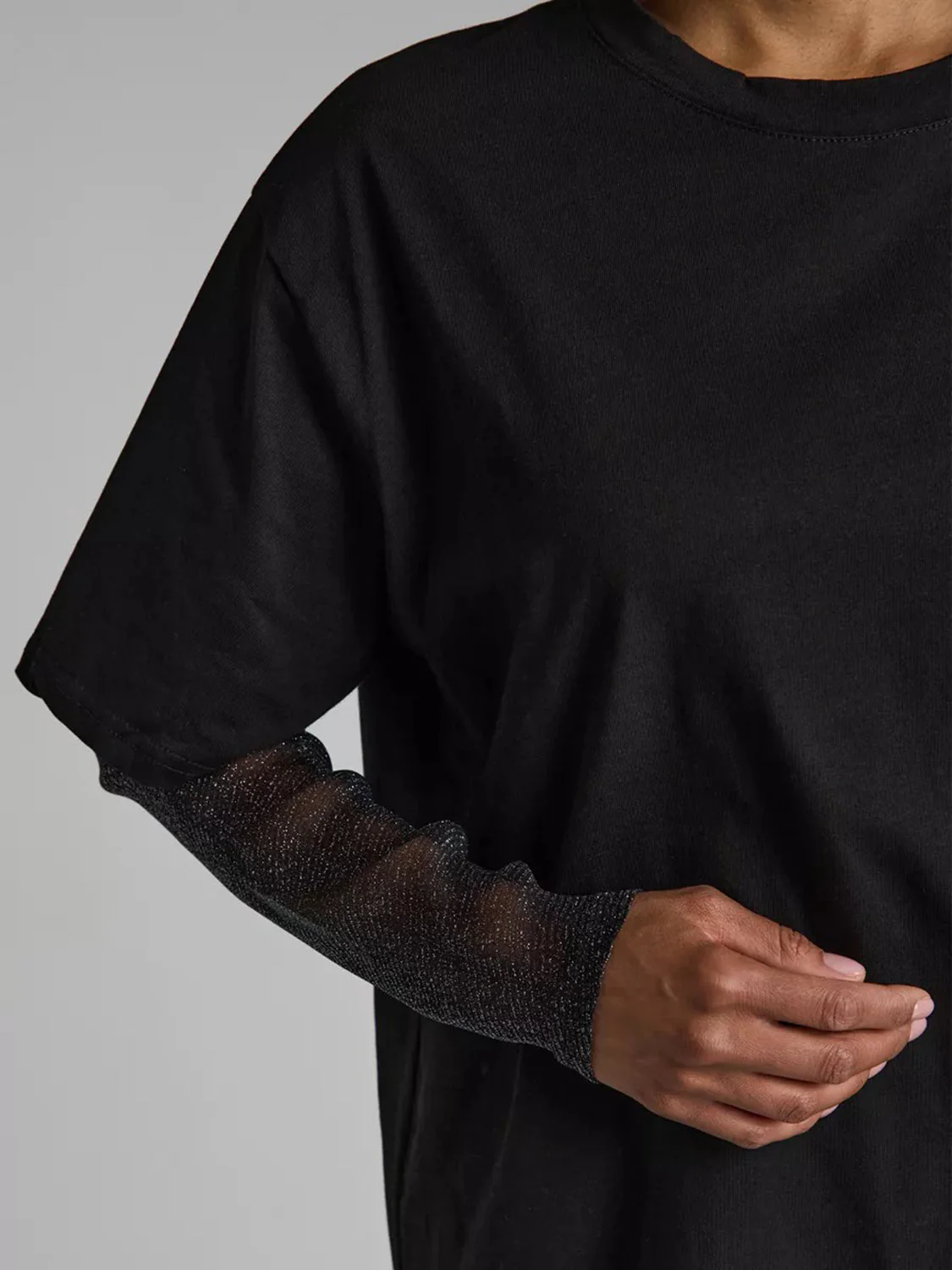 Faux Layered Round Neck Mesh Sleeve Top - Image 23