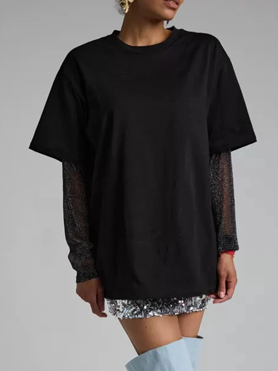 Faux Layered Round Neck Mesh Sleeve Top - Image 24