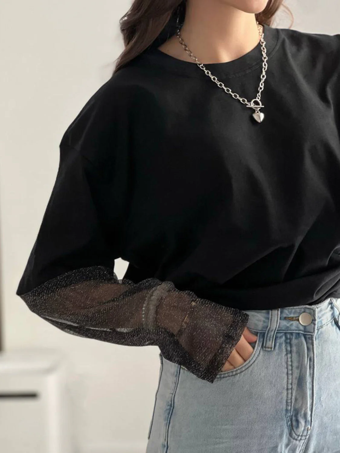 Faux Layered Round Neck Mesh Sleeve Top - Image 25