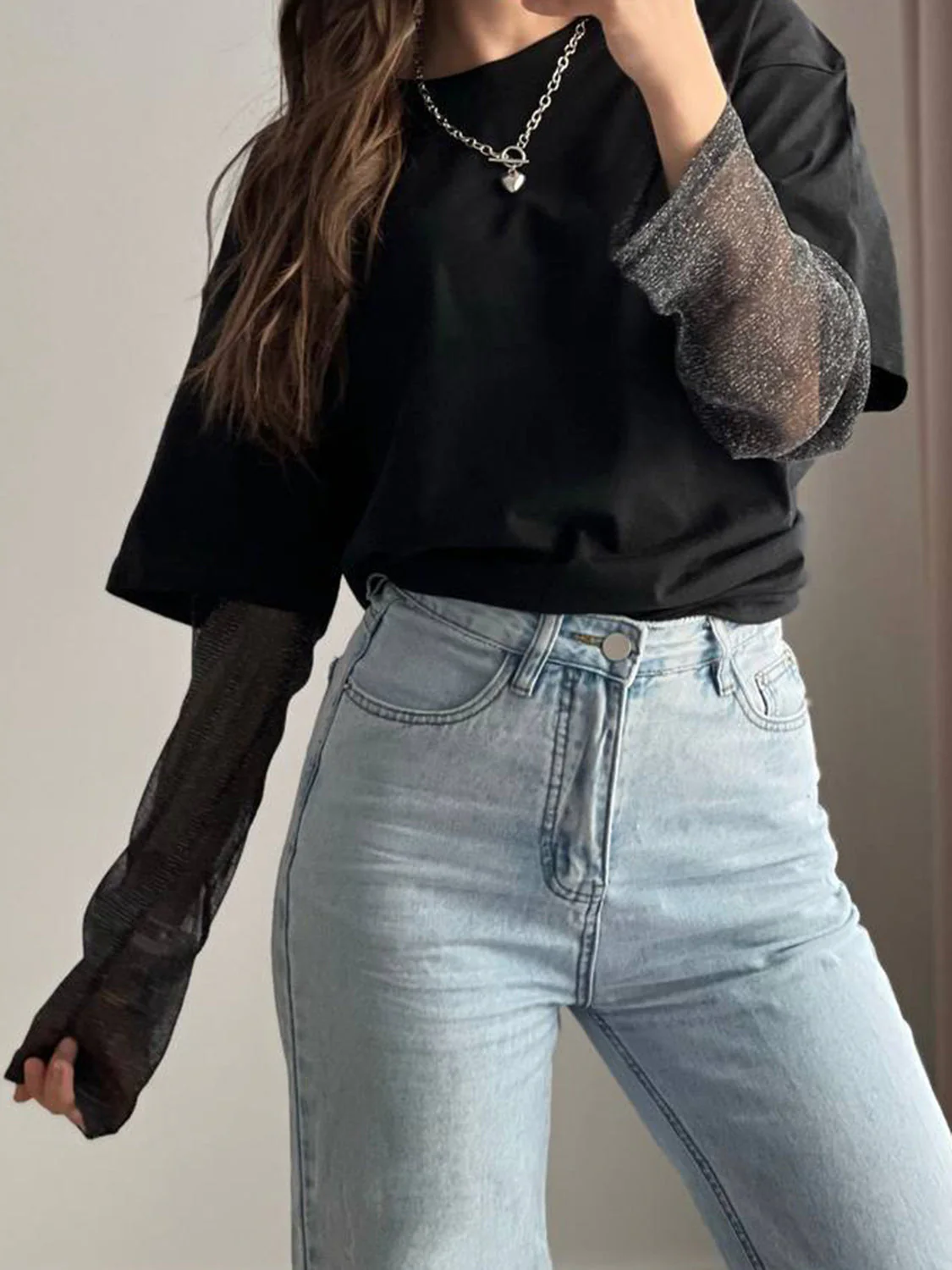 Faux Layered Round Neck Mesh Sleeve Top - Image 26