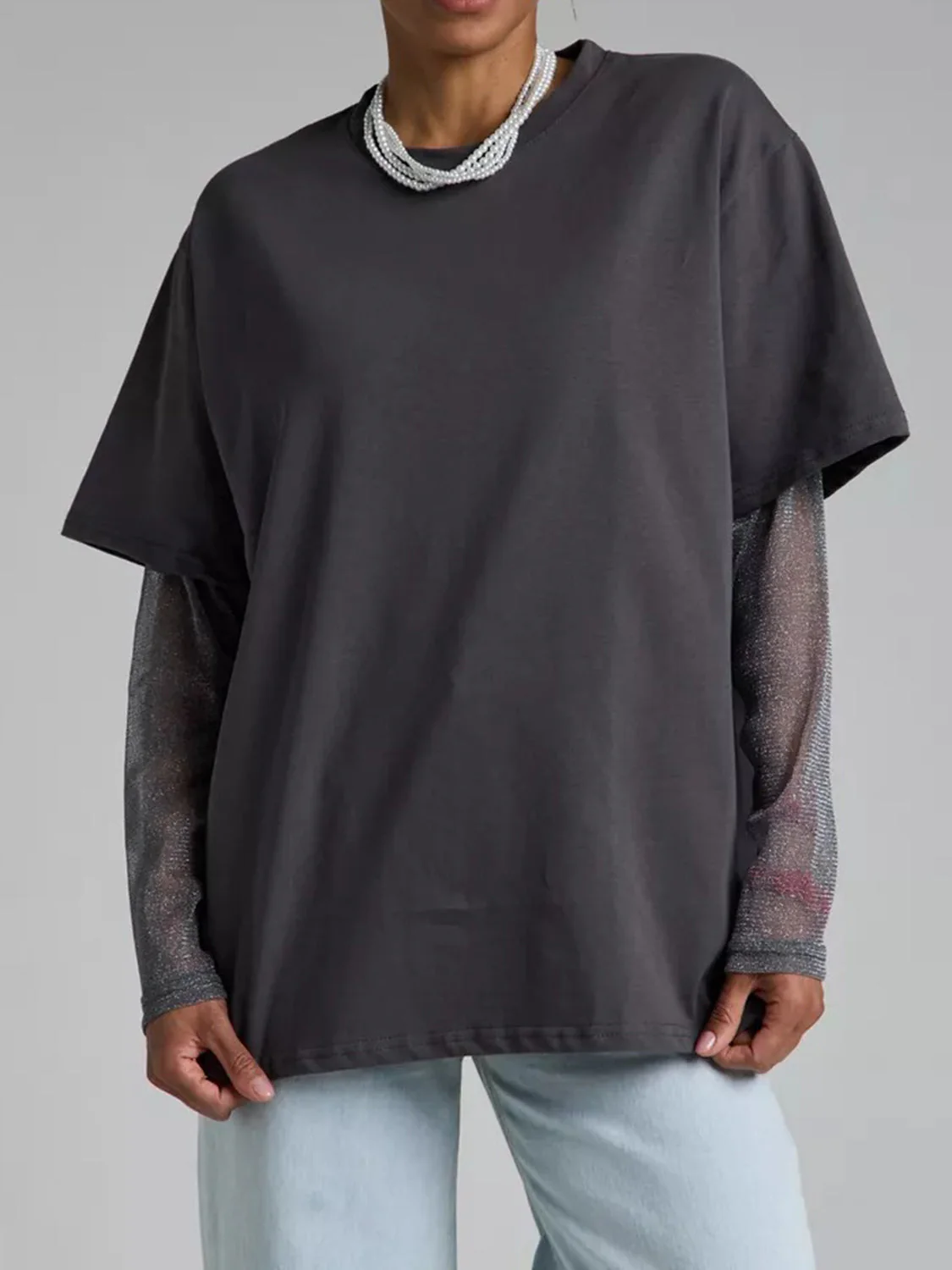Faux Layered Round Neck Mesh Sleeve Top - Image 3